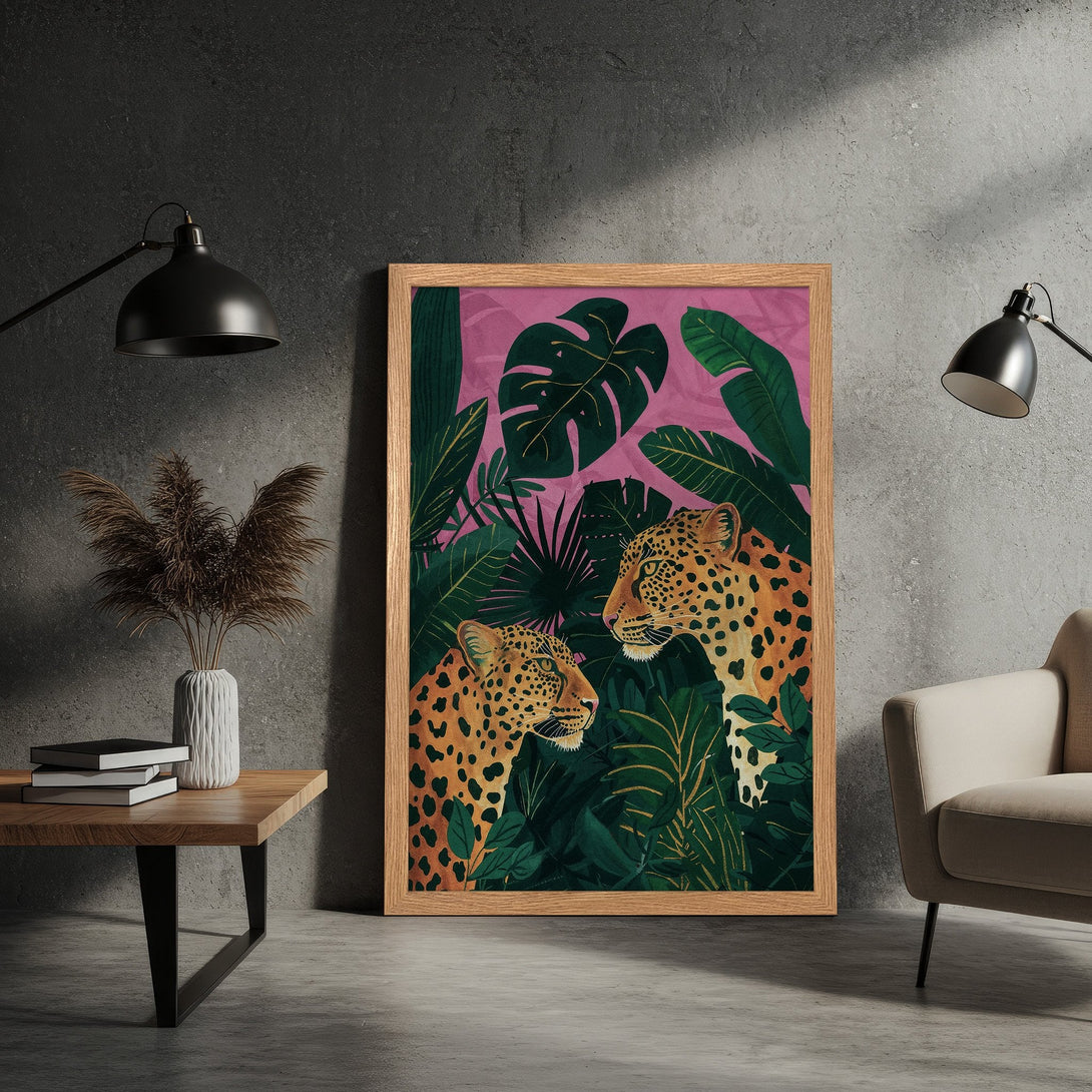Framed Poster featuring leopards in a jungle scene, vibrant colors and a modern art style. Perfect wall decor!