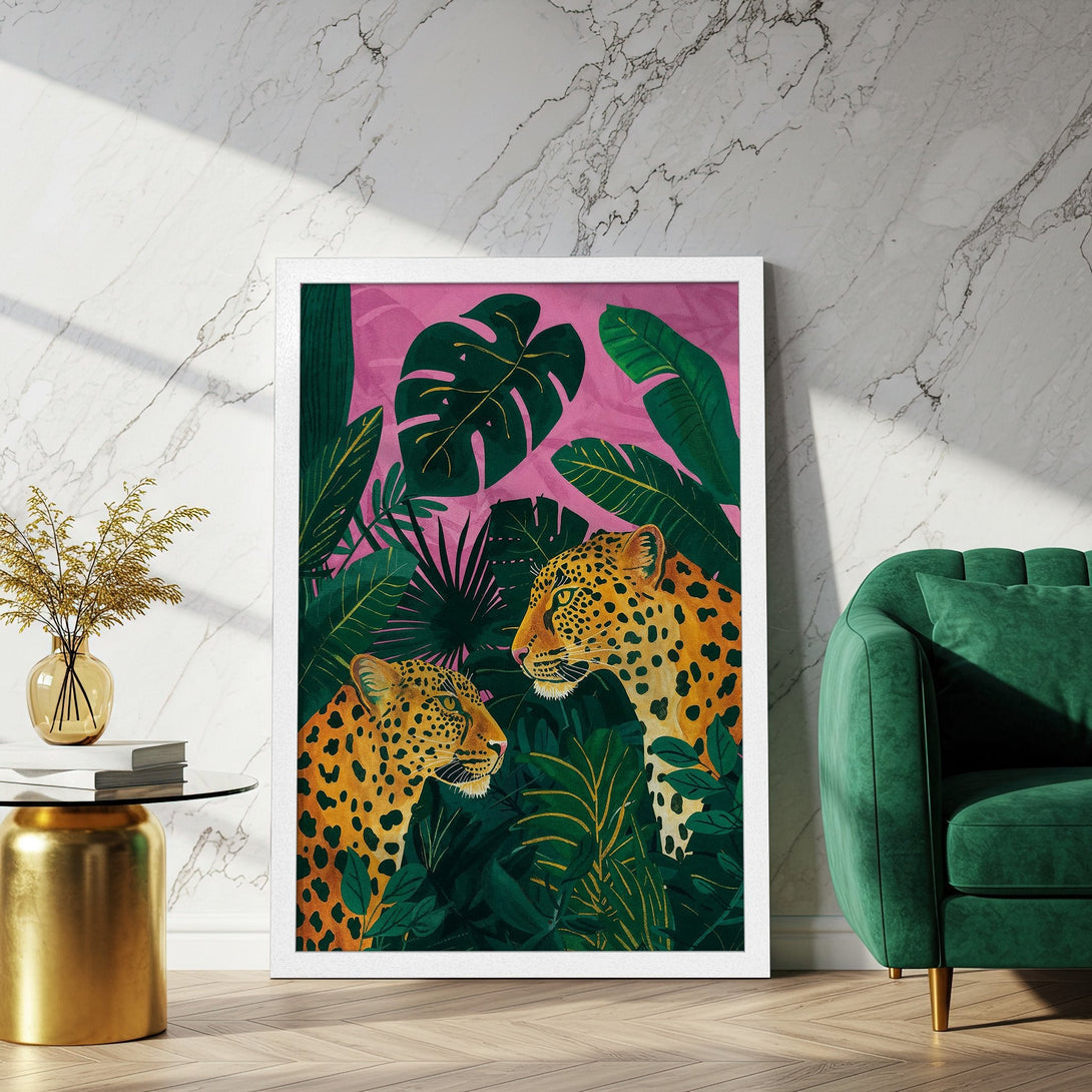Framed Poster featuring leopards in a jungle scene. Vibrant illustration style with a pink, green, and gold color palette. Perfect wall art!