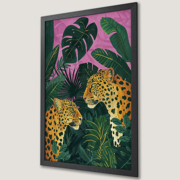 Framed Poster featuring leopards in a jungle scene. Tropical illustration with green, yellow, and pink color palette. Perfect wall art for your home.