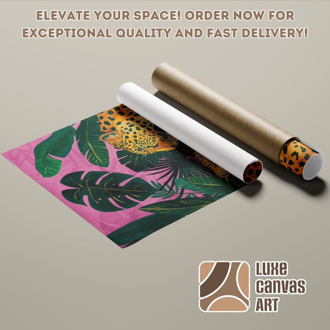 Tropical Leopard Poster Roll, vibrant pink and green palette, ready to elevate your space!