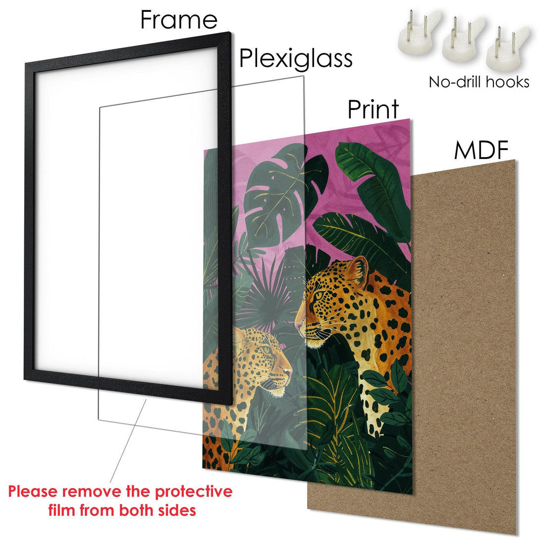 Framed Poster featuring a vibrant leopard illustration in a tropical style with a pink and green color palette.