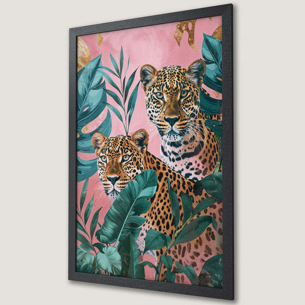 Framed Poster featuring leopards in a tropical jungle scene. Modern art style with pink, teal, and gold color palette. Perfect wall decor.