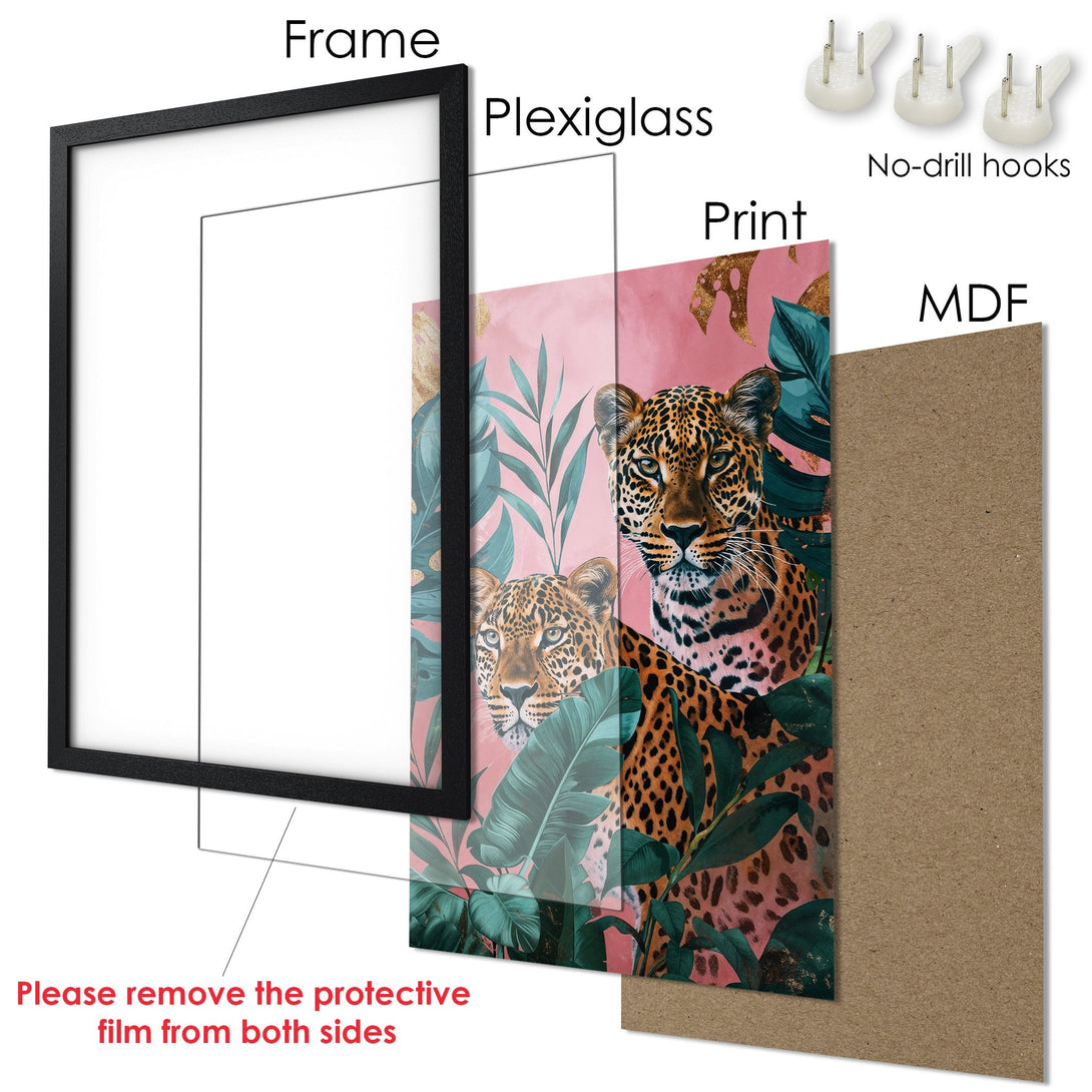 Framed Poster featuring a leopard in a tropical setting. Stylish design with a pink, green, and gold color palette. Perfect wall art.