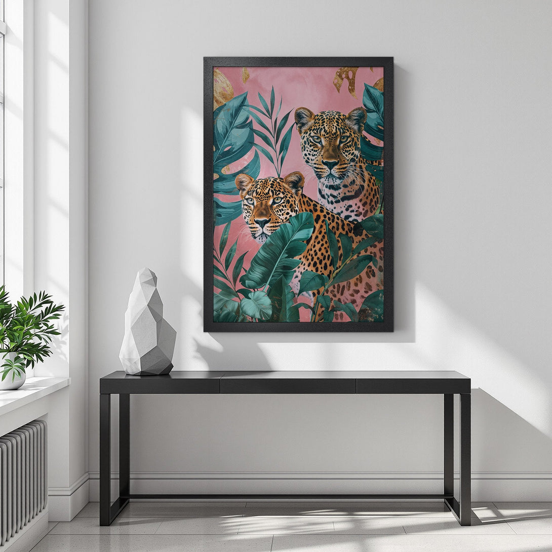 Framed Poster featuring leopards in a jungle, with a pink and teal color palette. Add a touch of wild elegance to your space!