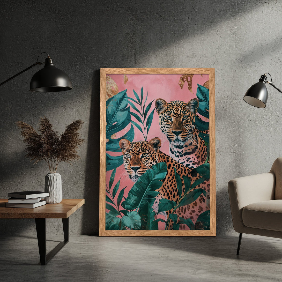 Framed Poster featuring leopards in a jungle scene. Modern art style with pink, green, and gold color palette. Perfect wall decor.