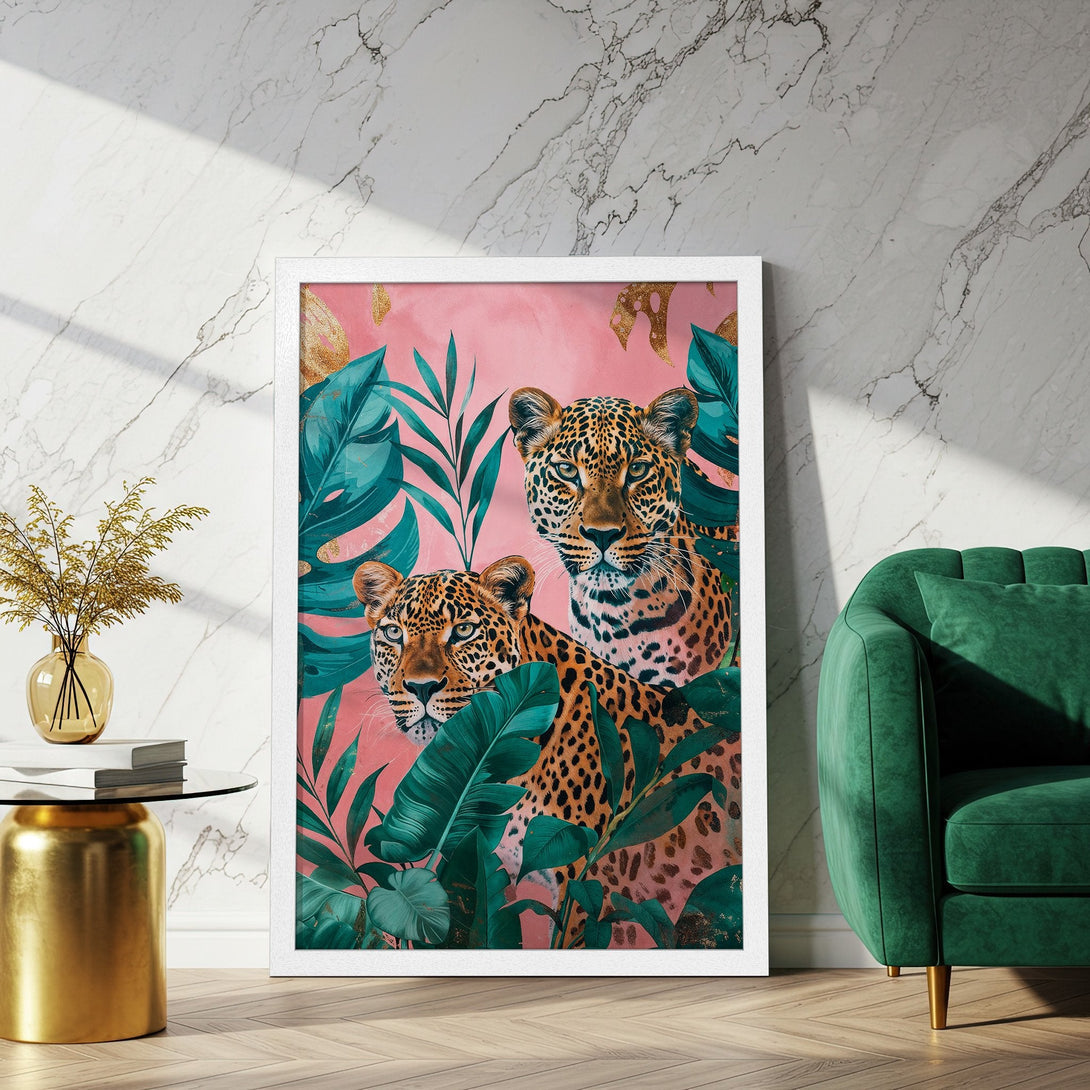 Framed Poster featuring leopards in a jungle scene. Tropical style with pink, teal, and gold color palette. Perfect wall art for your home!