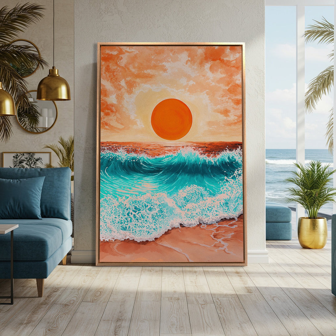 Framed Wall Art: Sunset beach scene in warm orange & turquoise hues. Coastal art style Canvas Print adds a relaxing vibe to any space. Shop now!