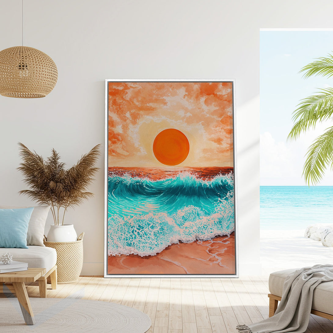 Framed Wall Art: Coastal sunset canvas print in warm orange and teal tones, displayed in a bright, modern interior. Add a touch of beach vibes!