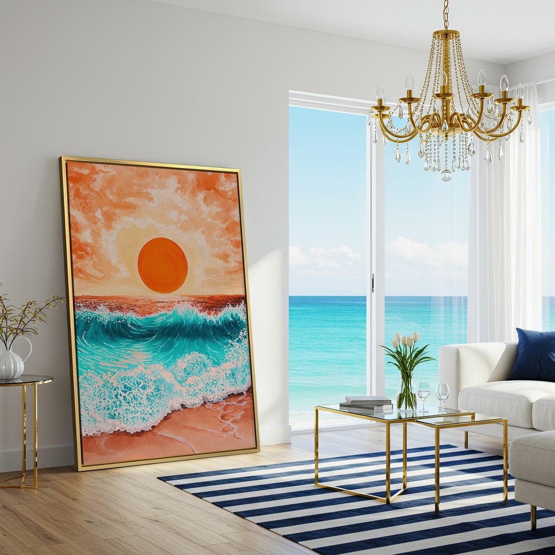 Canvas Print of a vibrant beach sunset scene in orange and teal. Coastal wall art perfect for adding warmth and style to your home.