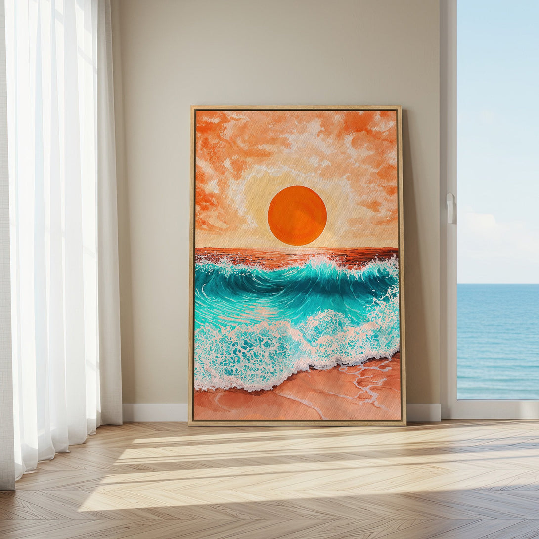 Framed Wall Art: Coastal sunset painting with vibrant orange, teal, and sandy tones. Beach scene canvas print adds a pop of color to any space.