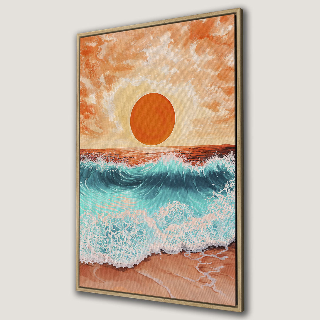 Canvas Print of a sunset over ocean waves. Coastal art in warm orange and teal tones, perfect for beach house decor. Framed Wall Art for your living room.