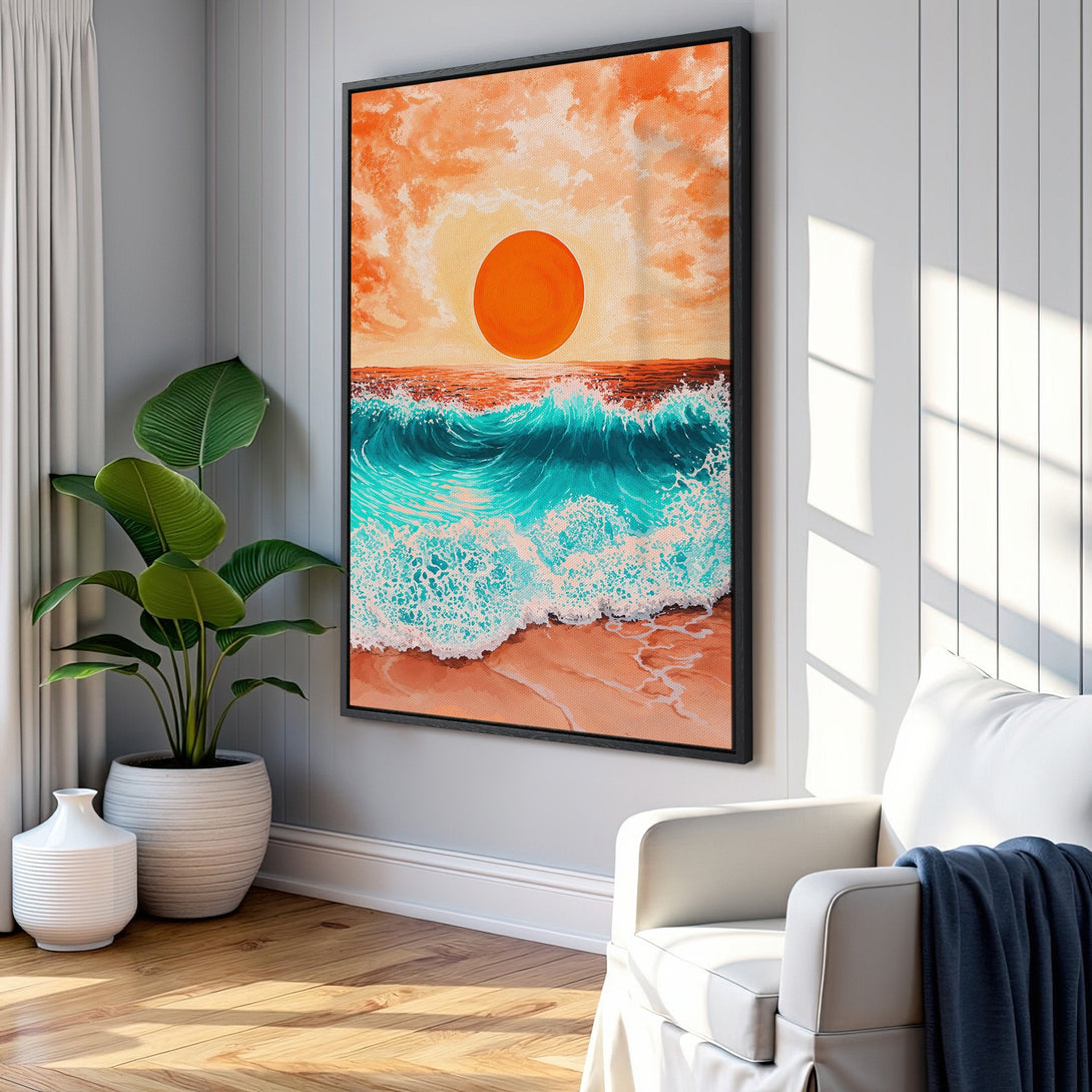 Framed Wall Art: Coastal sunset canvas print with vibrant orange, turquoise, and sandy tones. Perfect beach decor to brighten any space.