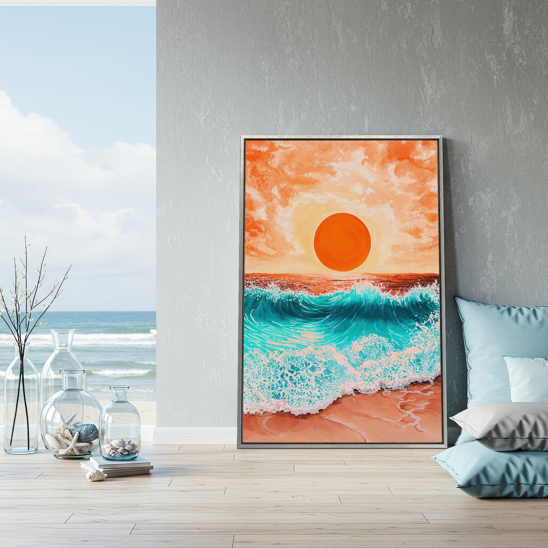 Framed Wall Art of a vibrant sunset over the ocean. Coastal art with orange, teal, and sandy tones. Perfect for beach house decor.