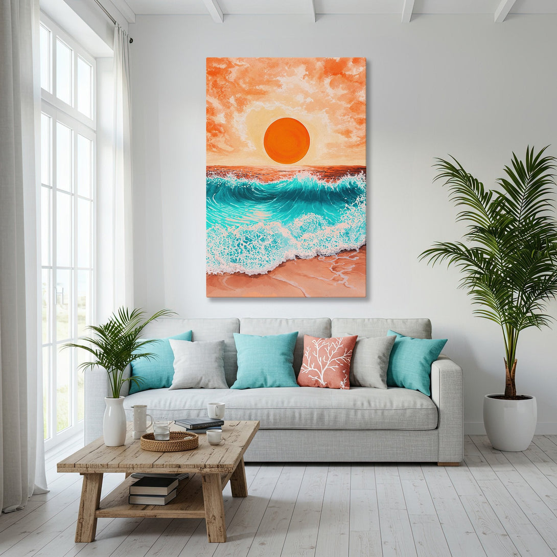 Framed Wall Art: Coastal sunset painting in a modern living room. Features vibrant teal, orange, and gold color palette, perfect for beachy decor.