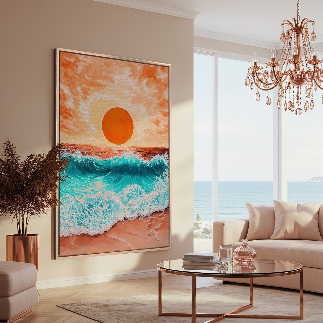Framed Wall Art featuring a vibrant ocean sunset in orange and teal. Coastal style Canvas Print adds warmth and color to any room.