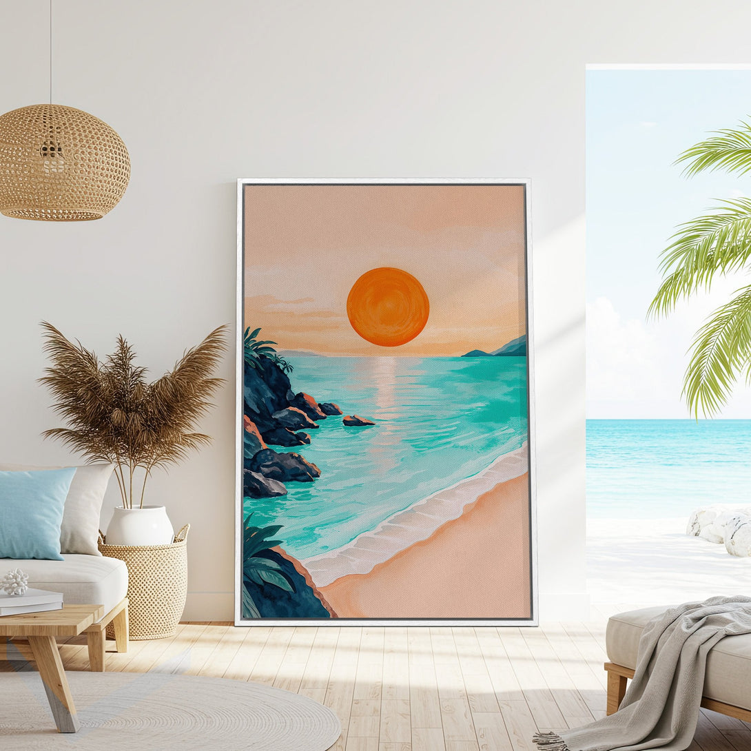 Framed Wall Art: Coastal sunset scene in watercolor style. Features turquoise water, orange sun, and sandy beach. Perfect for adding a calming vibe.