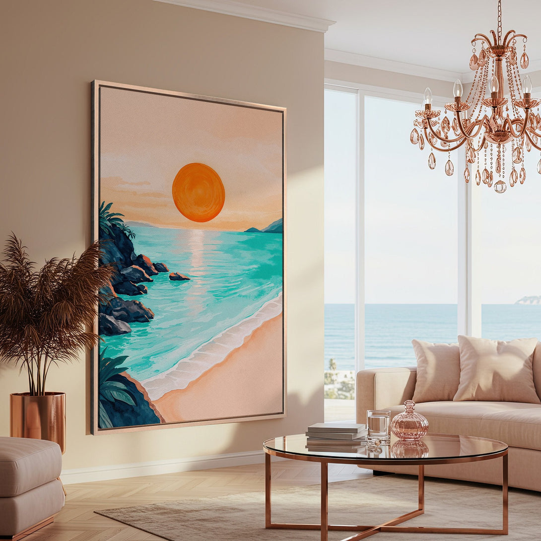 Framed Wall Art featuring a beach sunset in watercolor style. Coastal decor with teal, orange, and neutral tones. Perfect for adding a serene touch to your home.