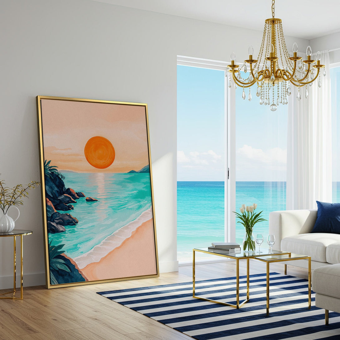 Canvas Print of a vibrant beach sunset scene in teal, orange, and beige. Coastal wall art perfect for adding a touch of serenity to your home.