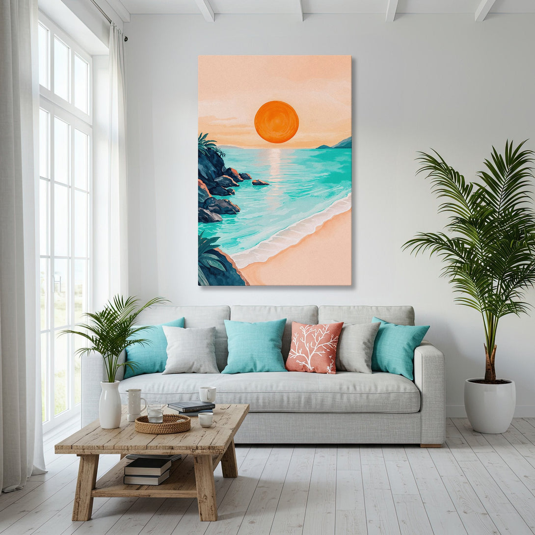 Framed Wall Art featuring a beach sunset scene. Coastal watercolor style with a warm peach, turquoise, and blue color palette, perfect for a modern home.
