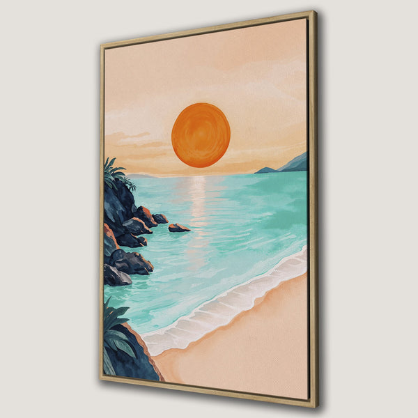 Framed Wall Art: Beach sunset canvas print. Coastal scene with turquoise water, orange sun, and warm color palette. Perfect for adding a touch of serenity.
