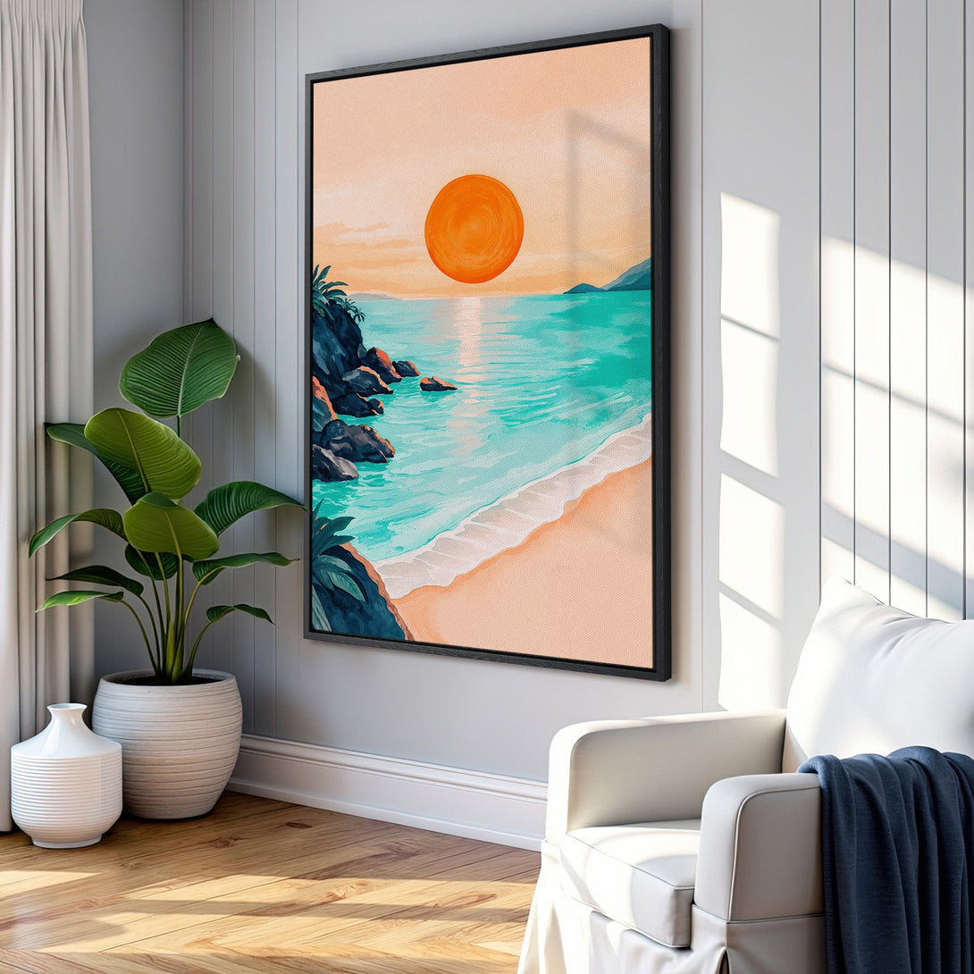 Framed Wall Art: Coastal sunset scene in warm orange, teal, and beige tones. Perfect beach decor for a relaxing vibe.
