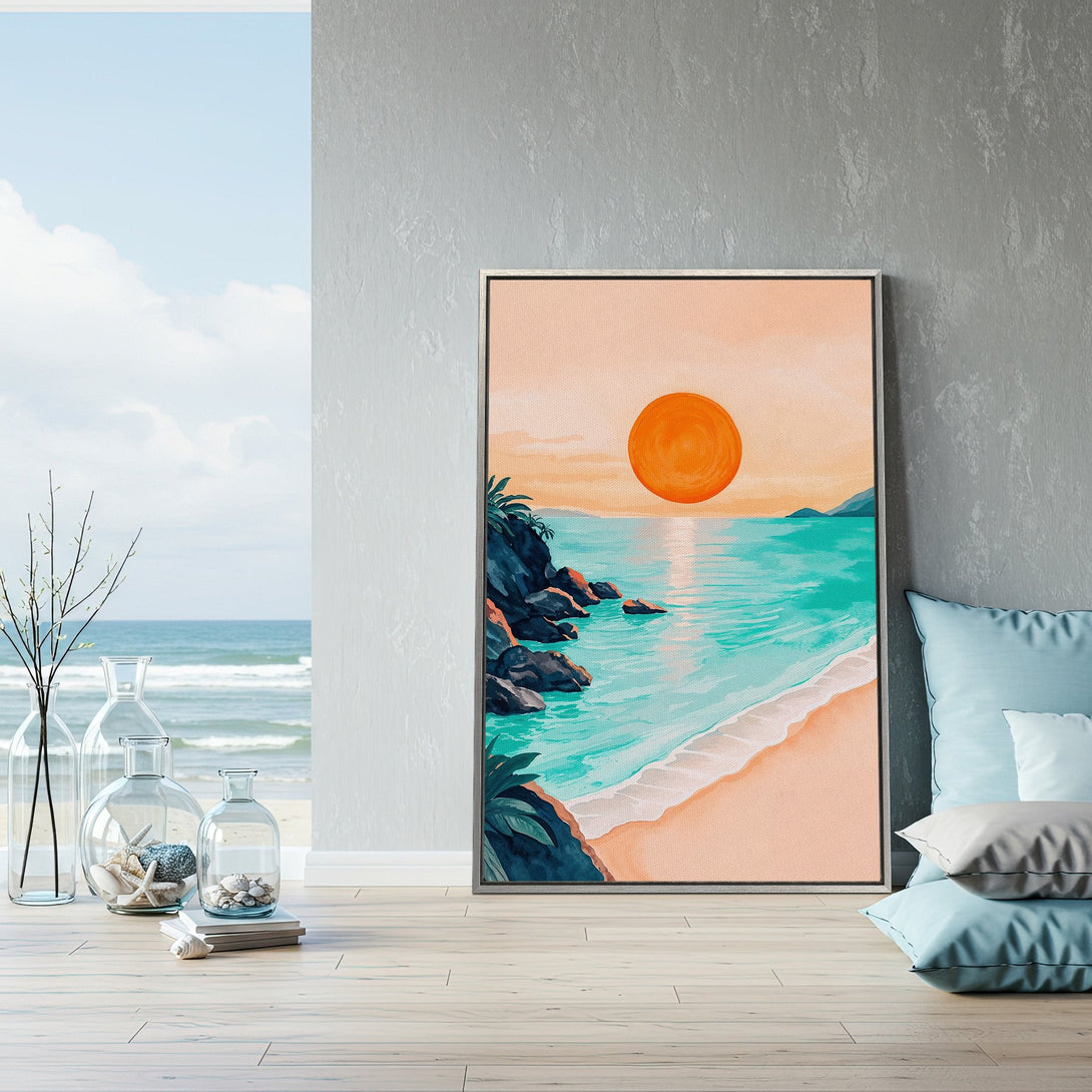 Framed Wall Art: Coastal sunset canvas print in watercolor style with orange, teal, and peach tones. Perfect beach decor for a relaxing vibe.