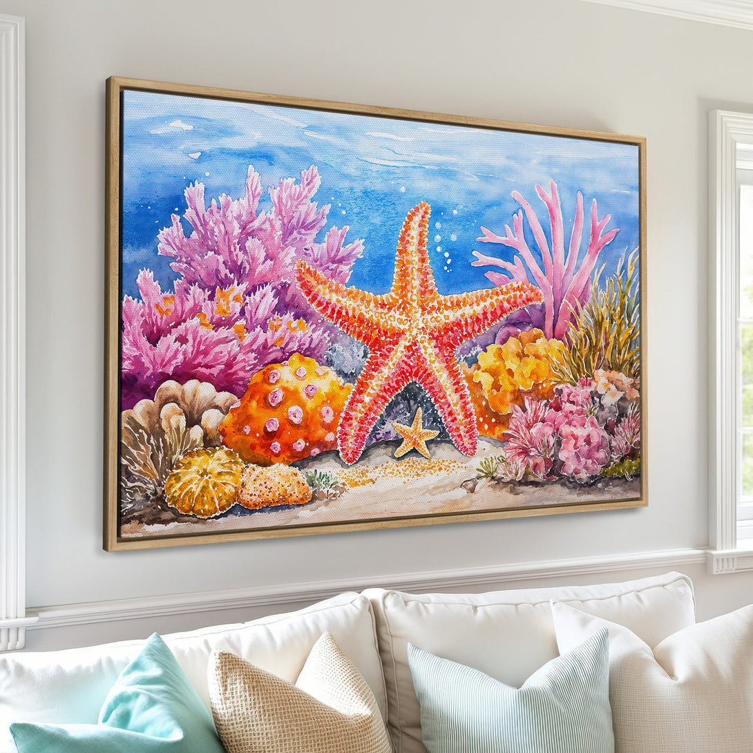 Canvas Print of a vibrant watercolor starfish and coral reef scene. Features a blue, pink, and orange color palette, perfect for coastal decor.