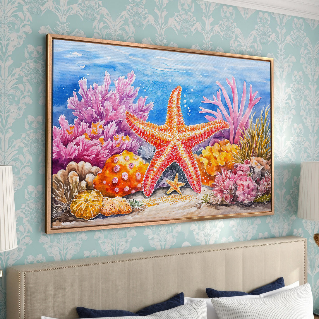 Framed Wall Art: Watercolor starfish and coral reef scene. Coastal decor in vibrant blues, pinks, and oranges. Perfect for a beachy bedroom!