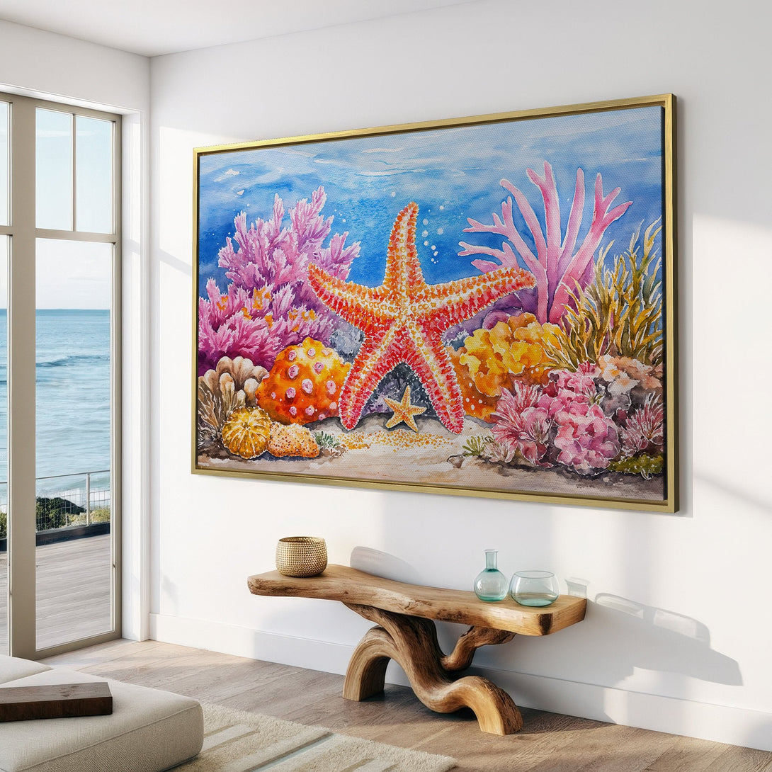 Canvas Print of a vibrant watercolor starfish and coral reef scene. Coastal art with a blue, pink, and orange color palette. Perfect for adding a touch of the ocean.