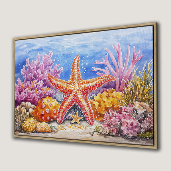 Canvas Print featuring a vibrant watercolor coral reef scene with starfish. Beautiful pink, orange, and blue hues create a calming coastal aesthetic.