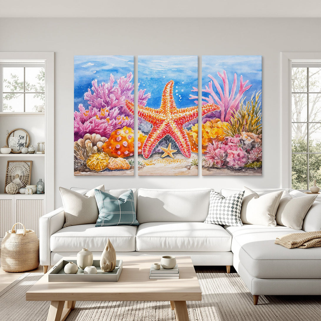 Canvas Print of a vibrant watercolor starfish and coral reef scene, perfect for coastal decor. Featuring a blue, pink, and orange color palette.
