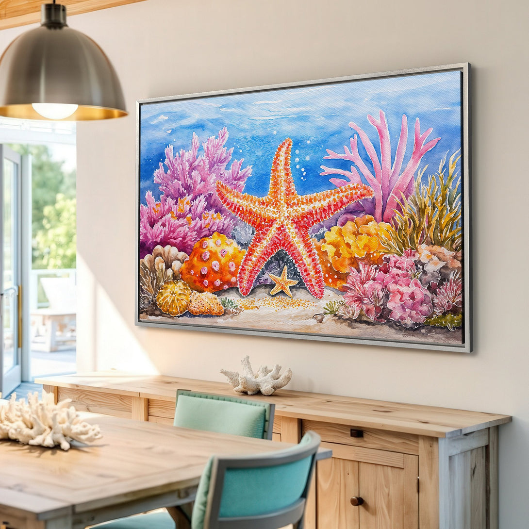Framed Wall Art: Watercolor starfish & coral reef art print. Coastal decor in vibrant blues, pinks, and oranges. Perfect for beach house or ocean-themed interiors.