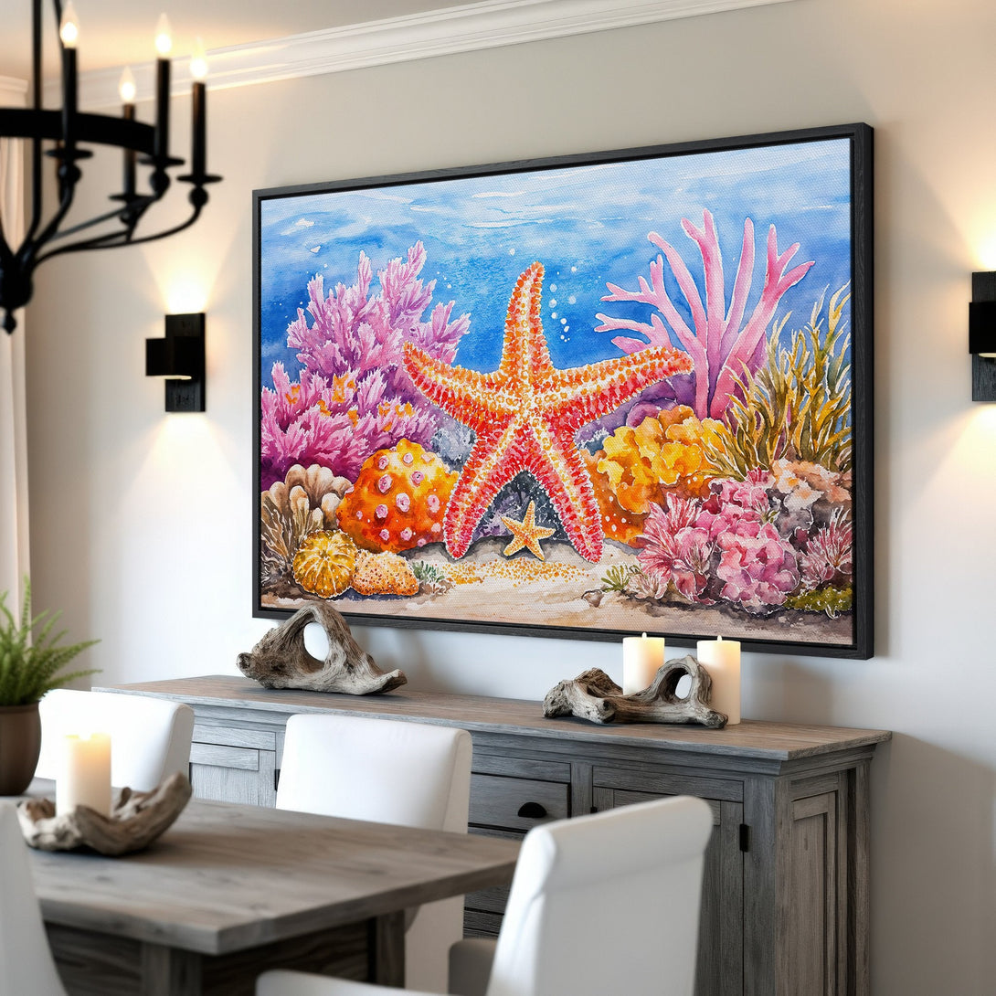 Framed Wall Art: Watercolor starfish and coral reef scene. Vibrant blues, pinks, and oranges create a coastal, artistic vibe. Perfect for adding a pop of color!