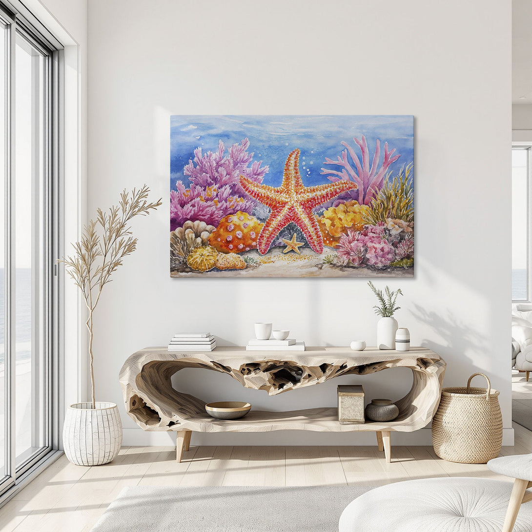 Framed Wall Art: Watercolor starfish and coral reef scene. Vibrant blue, pink, orange, and yellow palette. Coastal decor for a relaxing home.