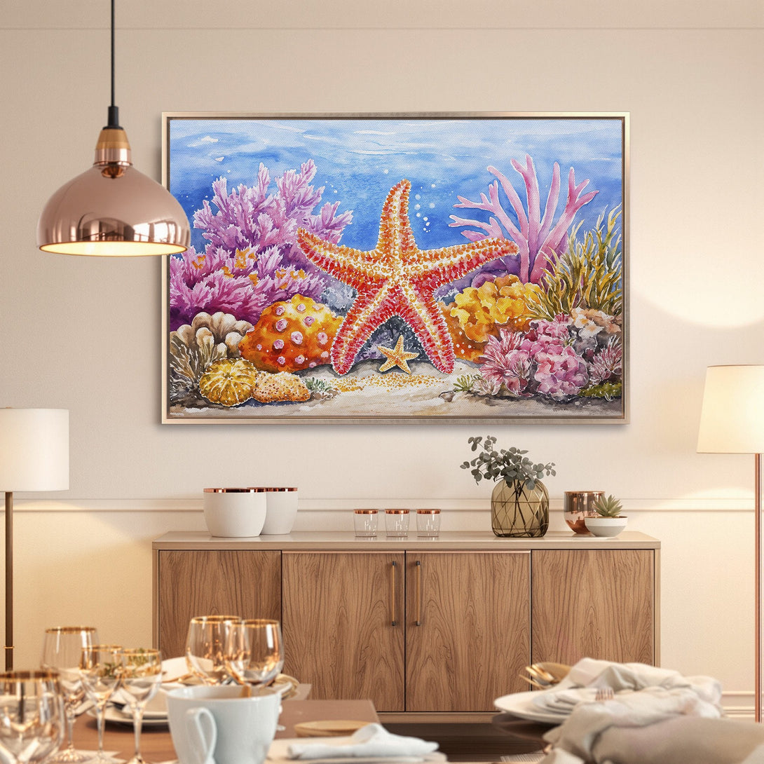 Framed Wall Art: Watercolor starfish and coral reef in vibrant blues, pinks, and oranges. Coastal decor for a calming, stylish home.
