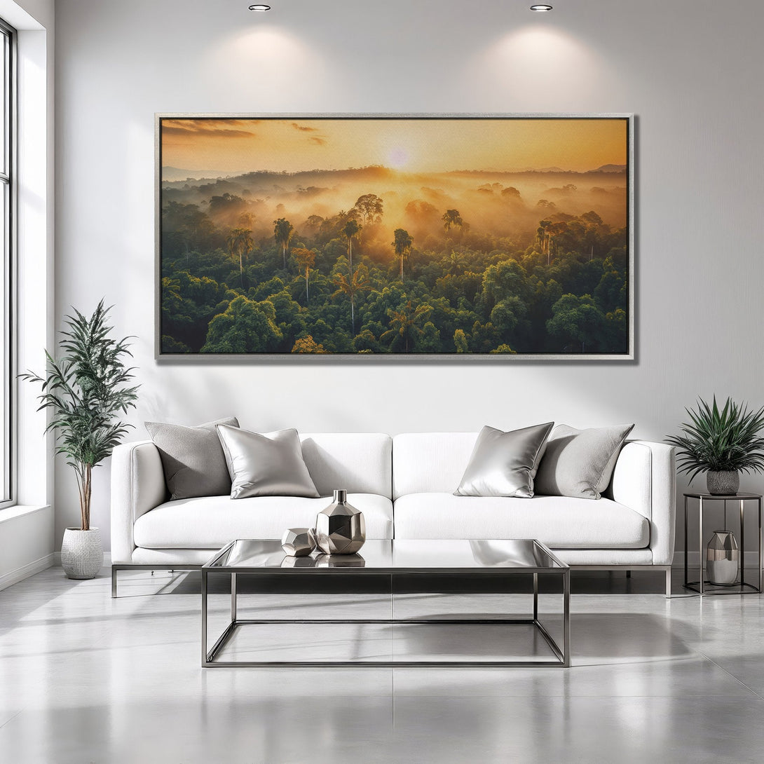 Framed Wall Art: Stunning sunrise over a misty forest. Warm orange and green color palette. Perfect for living room decor.