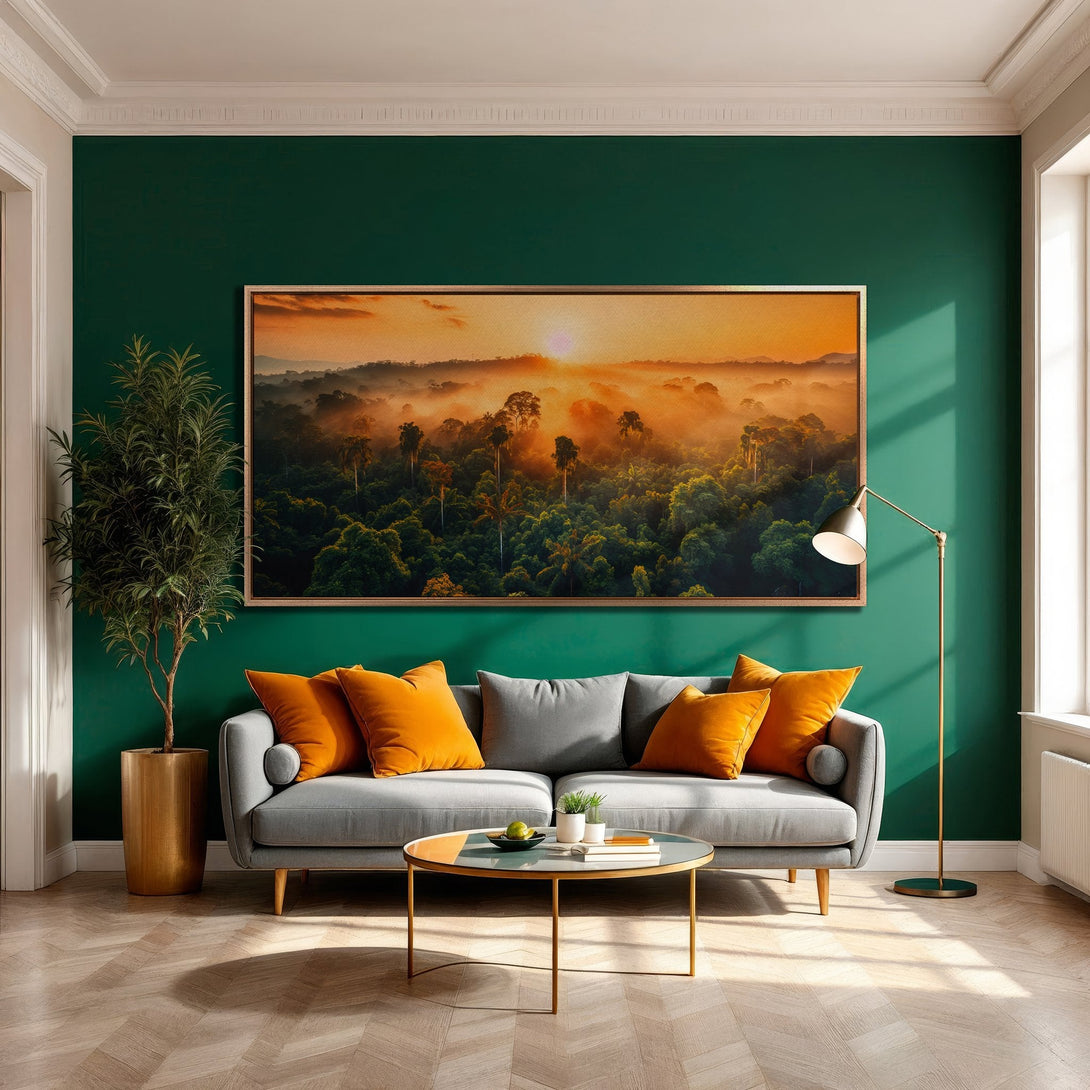 Framed Wall Art of a vibrant sunrise over a forest. Warm orange and green tones create a serene and inviting atmosphere. Perfect for any interior!