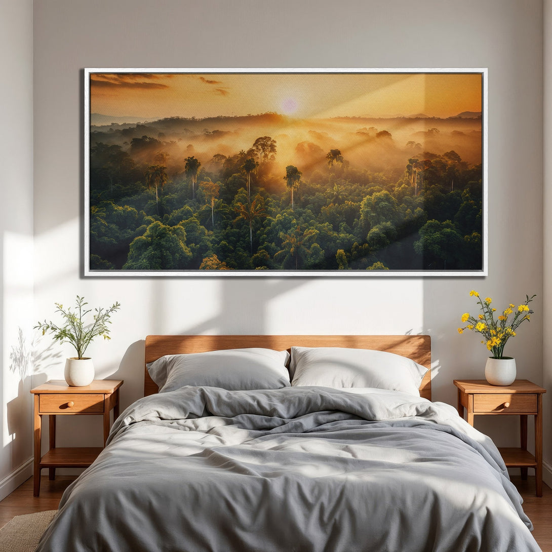 Framed Wall Art of a lush rainforest at sunrise. Warm orange and green color palette. Perfect for bedroom decor. Canvas Print available.