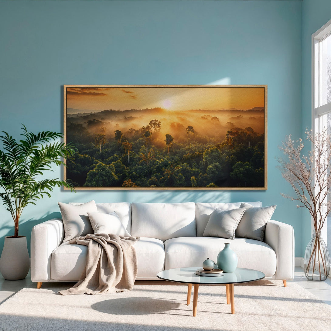 Framed Wall Art of a lush forest at sunrise, warm color palette. Landscape Canvas Print adds a touch of nature to any interior.
