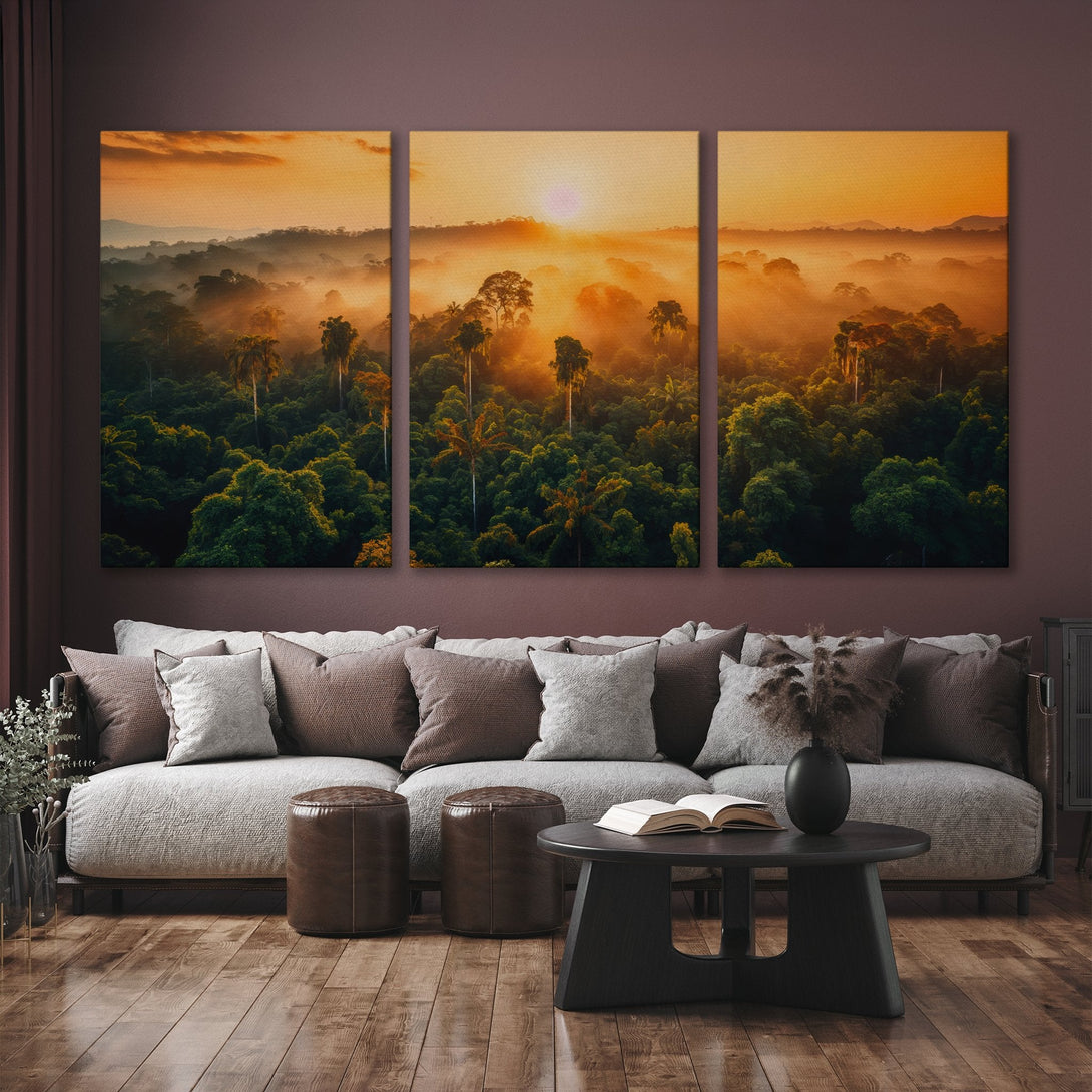 Canvas Print of a tropical sunrise over a lush forest. Warm orange and green color palette, perfect for adding a touch of nature to your home.