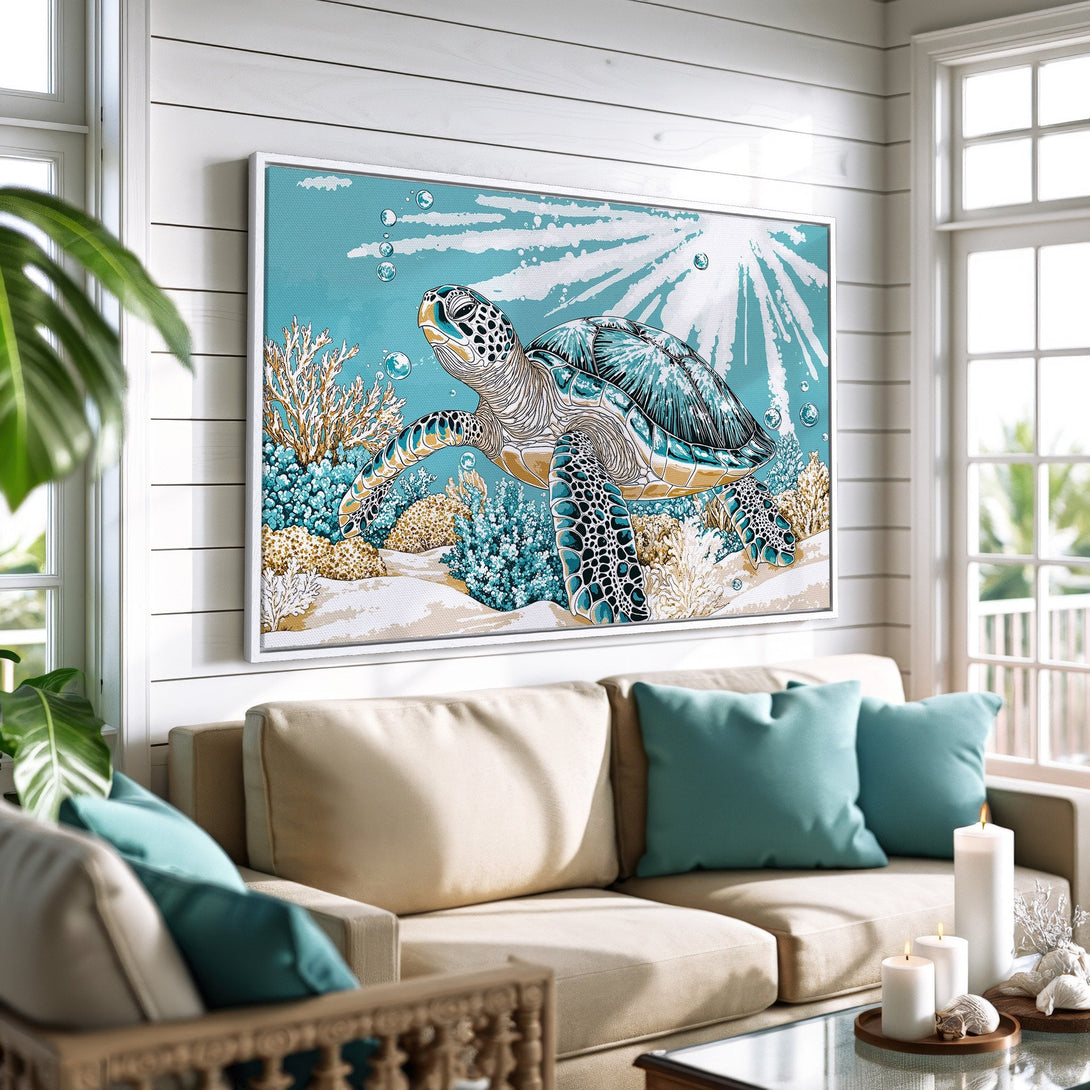 Framed Wall Art of a sea turtle in a coastal style. Turquoise and beige color palette adds a calming touch to any room. Perfect for beach decor!