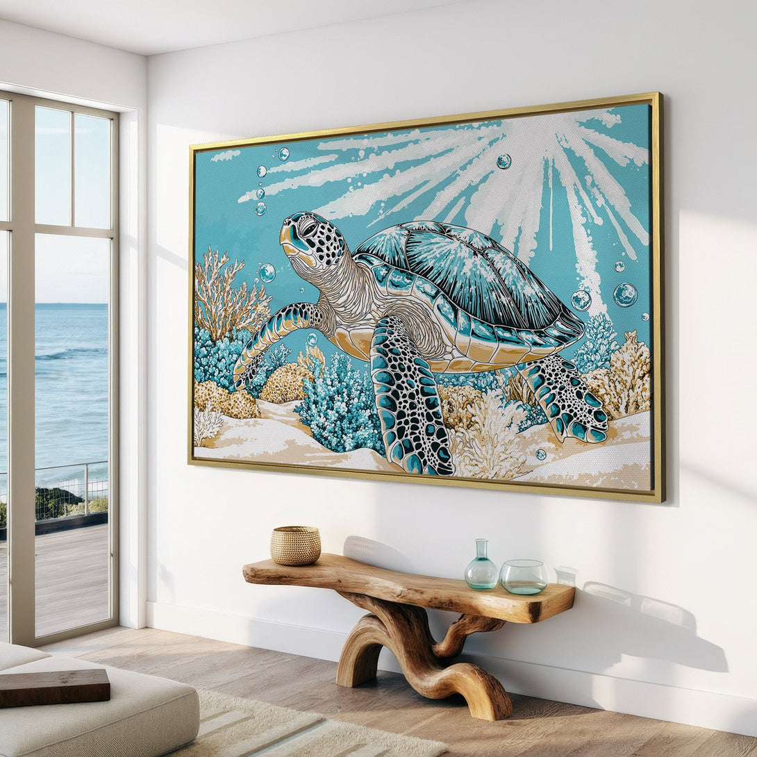 Canvas Print of a sea turtle in a coastal style, featuring a blue and beige color palette. Perfect for adding a touch of the ocean to your home!