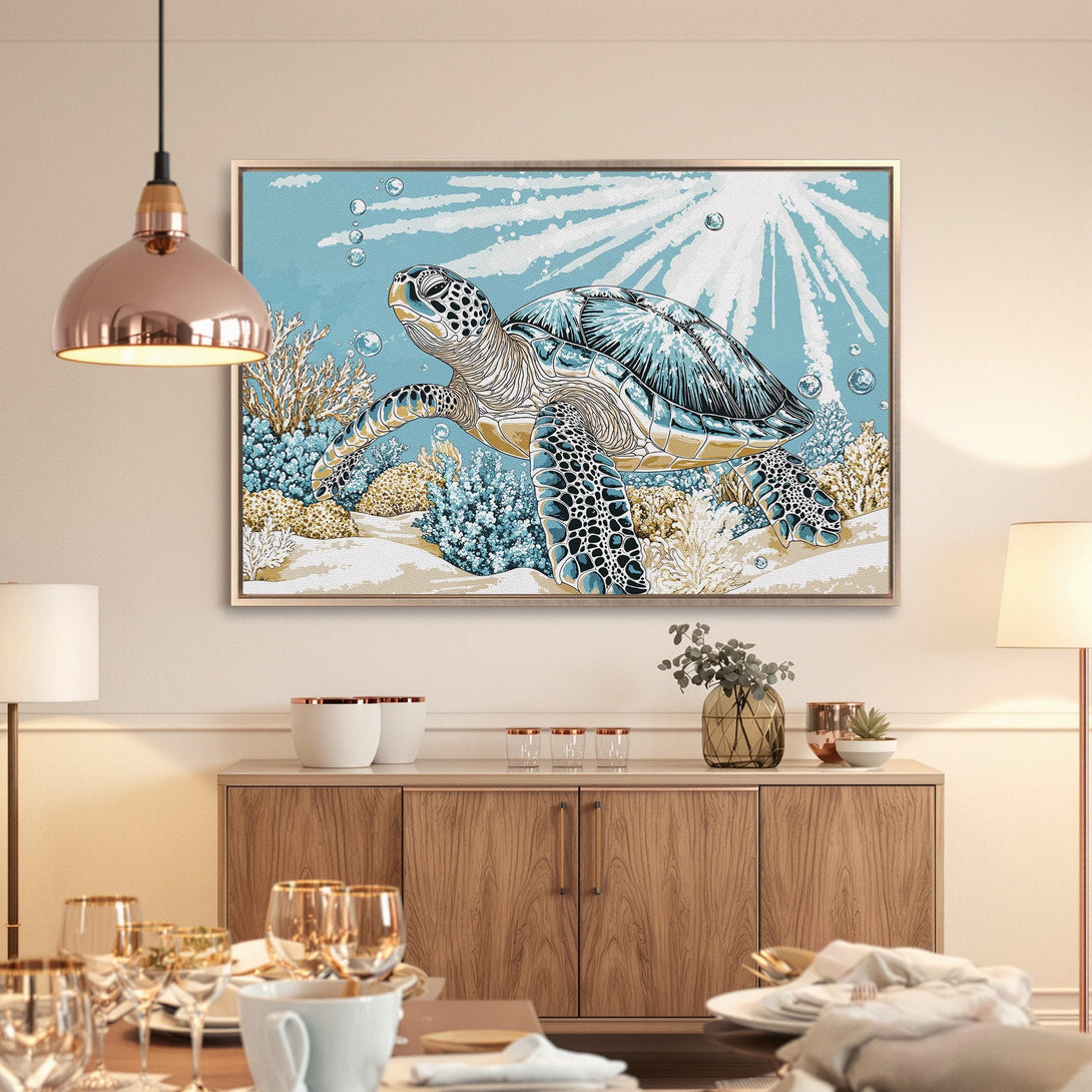 Framed Wall Art: Sea turtle canvas print in blue and beige tones. Coastal decor for your home. Shop now and add a touch of the ocean!
