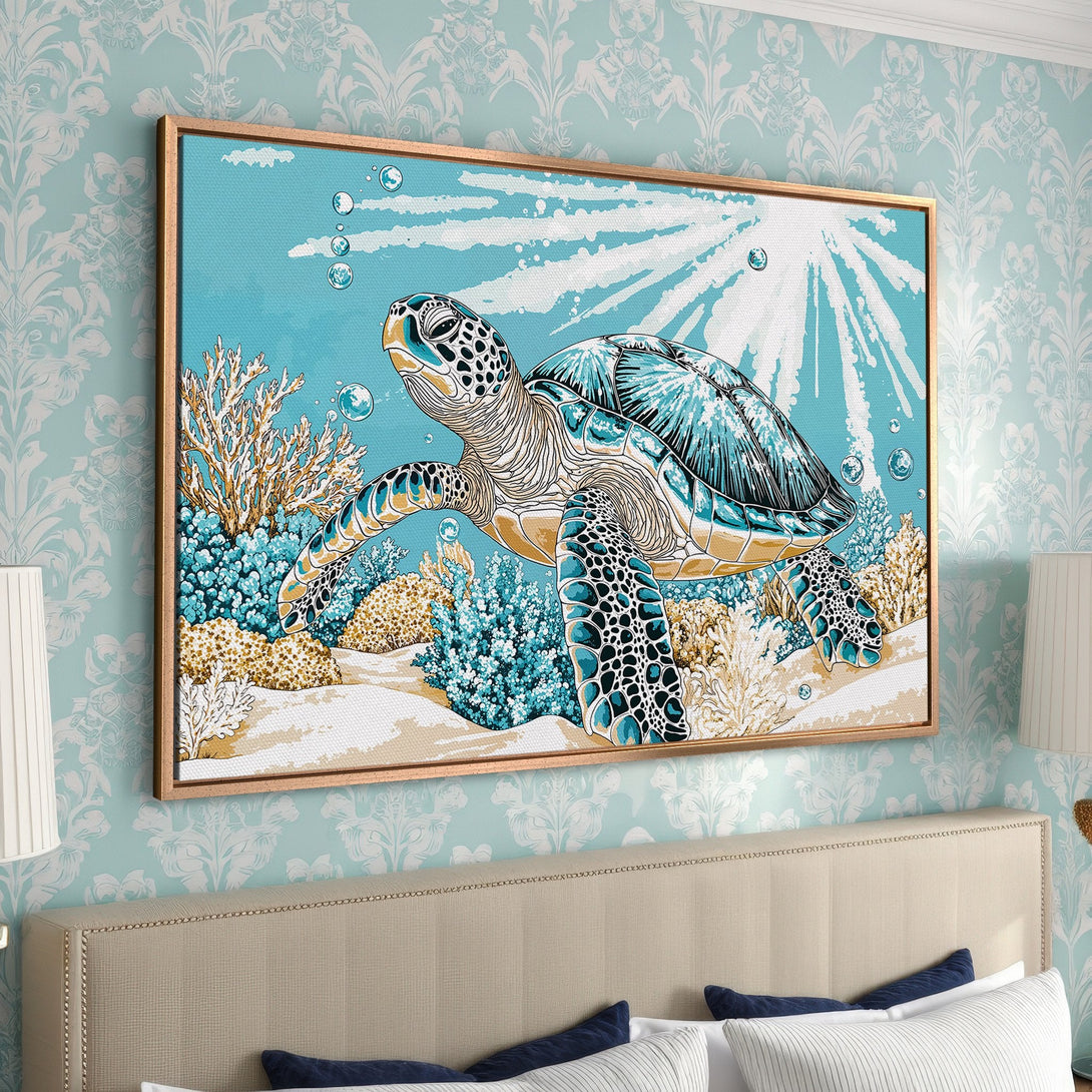 Framed Wall Art featuring a sea turtle illustration in a coastal style. The canvas print showcases a blue, turquoise, and beige color palette, perfect for a serene bedroom.