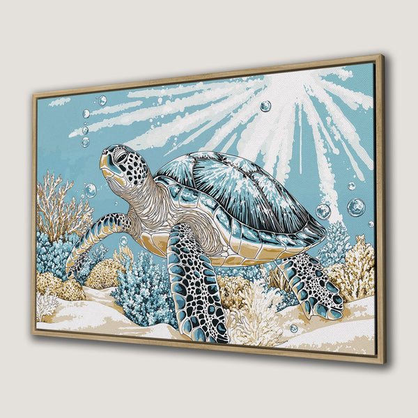 Framed Wall Art featuring a sea turtle in an ocean scene. Coastal style canvas print with blue, beige, and teal color palette. Perfect for beach decor.