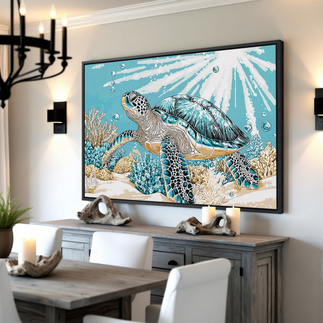 Framed Wall Art featuring a sea turtle in a vibrant turquoise and beige underwater scene. Coastal decor perfect for your home!