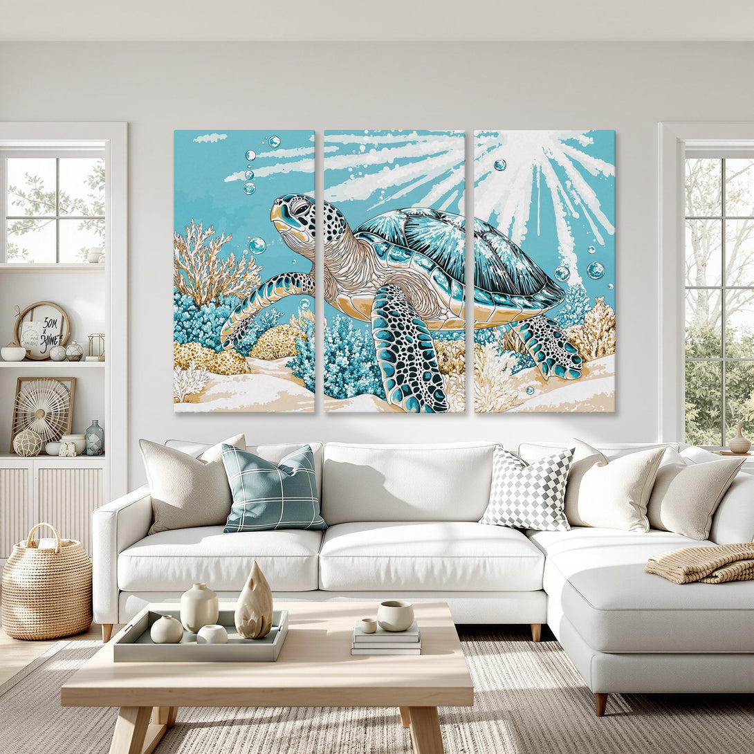 Canvas Print of a sea turtle in a coastal style, featuring a blue and beige color palette. Perfect ocean-themed wall art.