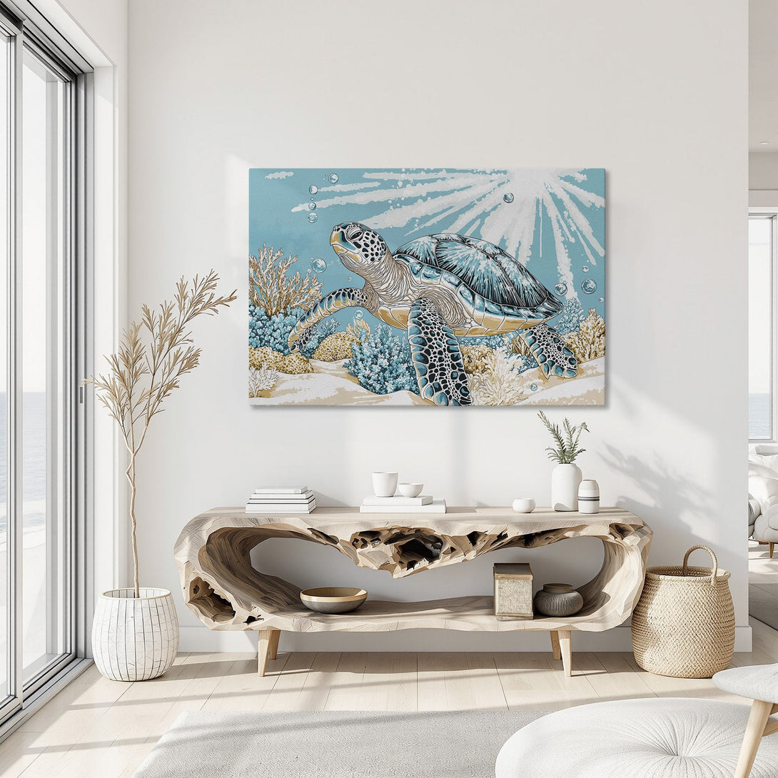 Framed Wall Art: Stunning sea turtle canvas print in coastal blues and golds. Perfect for beach house decor! Shop now for ocean-inspired art.