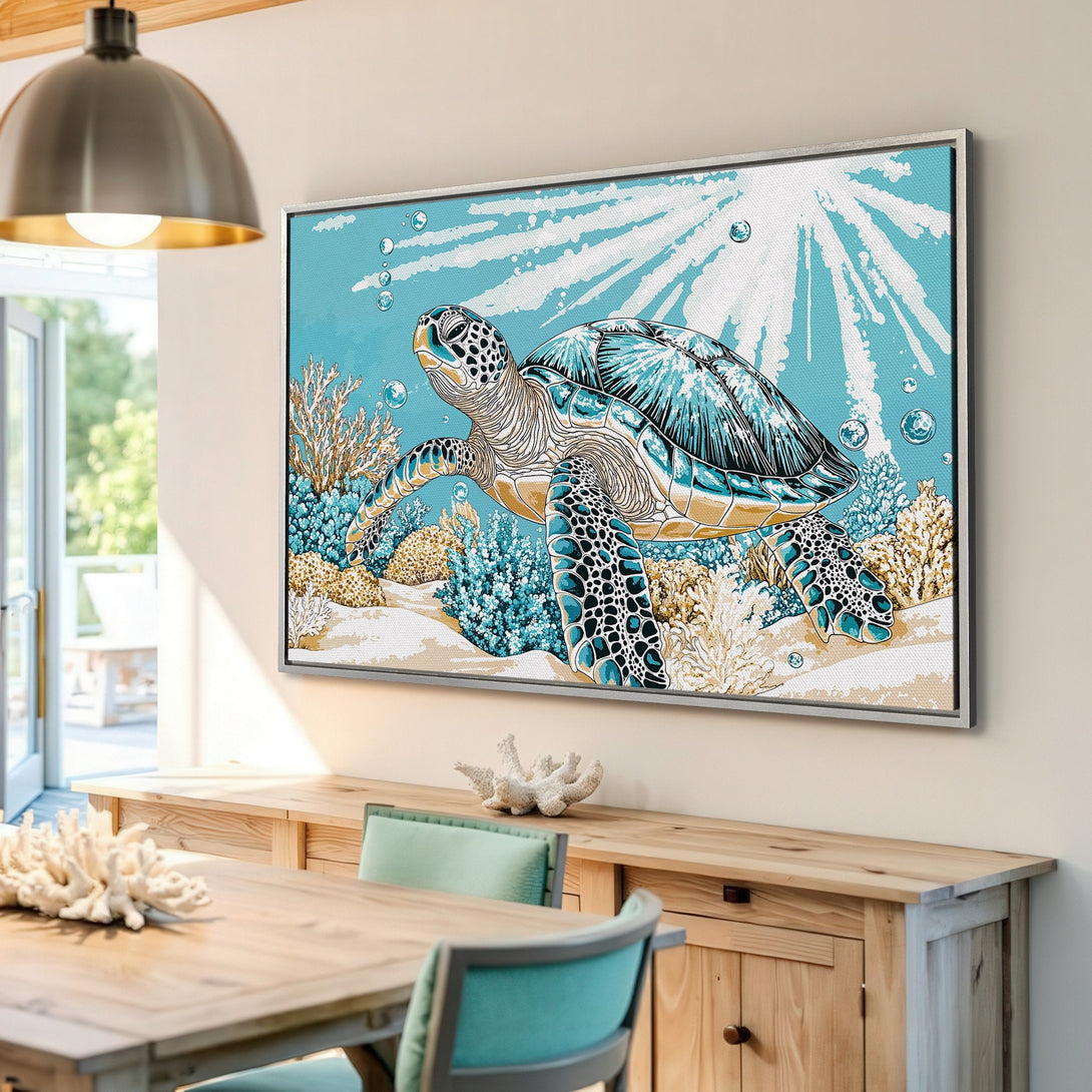 Framed Wall Art featuring a sea turtle in a vibrant turquoise, blue, and gold color palette. Coastal art perfect for any home!