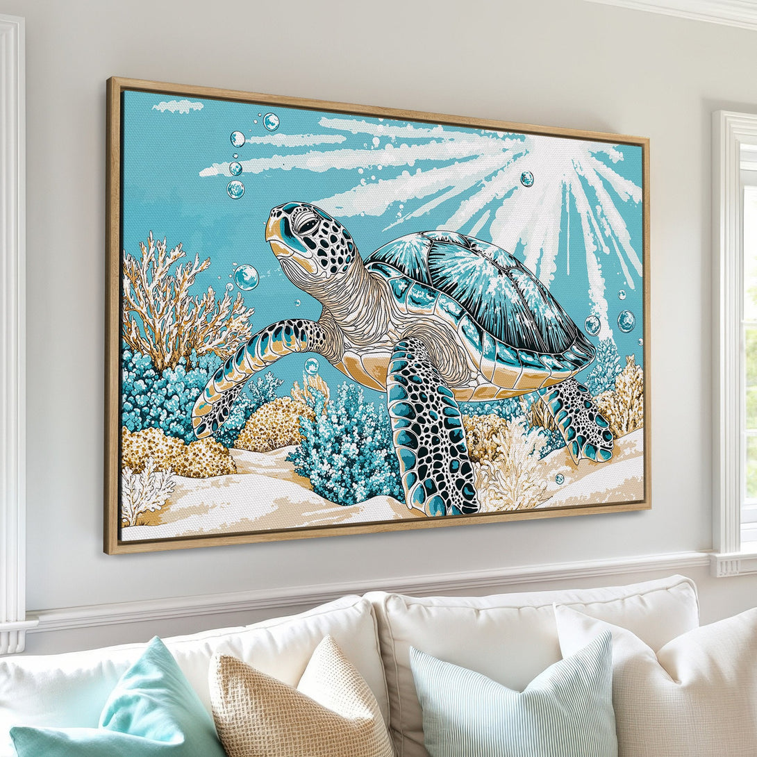 Framed Wall Art: Stunning Canvas Print of a sea turtle in a vibrant turquoise and gold underwater scene. Coastal style art for your home!